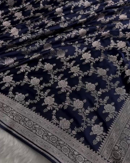 Pratiksha - Navy Blue Katan Silk Saree with Silver Zari Jaal and Temple Border