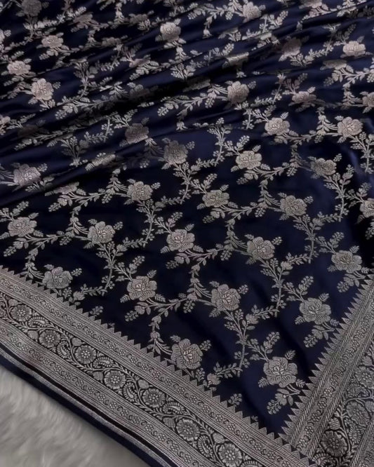 Pratiksha - Navy Blue Katan Silk Saree with Silver Zari Jaal and Temple Border