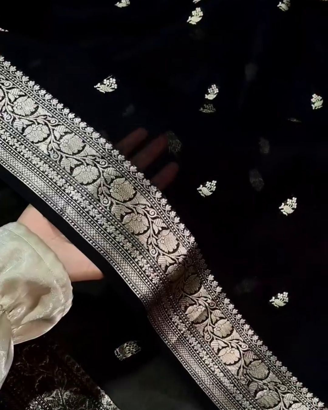 Ojaswini - Black Banarasi Silk Saree with Silver Zari Border