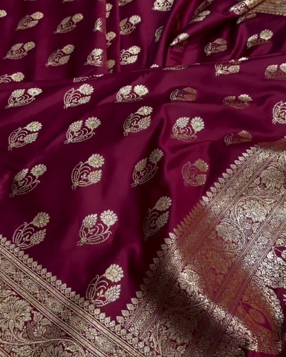 Shyamali - Deep Wine Katan Silk Saree with Zari Paisley Boota and Floral Border