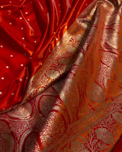 Ashwini - Red Satin Banarasi Saree with Zari Dot Weave & Floral Border
