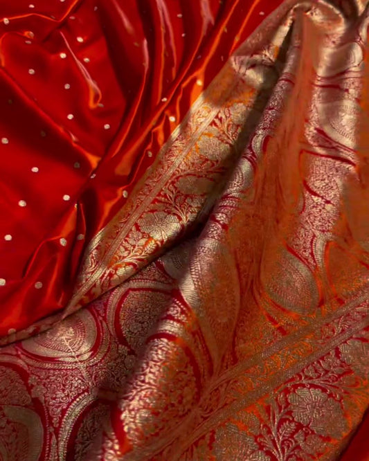 Ashwini - Red Satin Banarasi Saree with Zari Dot Weave & Floral Border