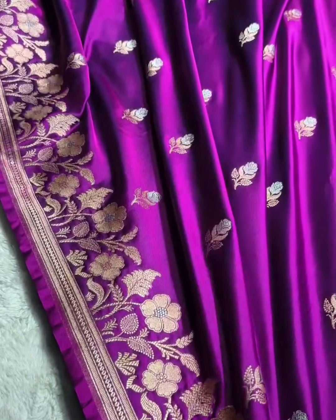 Bhumi - Deep Purple Banarasi Silk Saree with Floral Zari Border