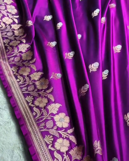 Bhumi - Deep Purple Banarasi Silk Saree with Floral Zari Border