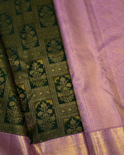 Suhasini - Dark Green Katan Silk Saree with Zari Floral Jaal and Pink Border