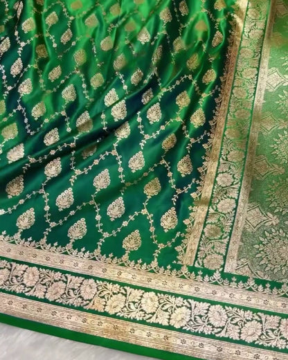 Asmita - Emerald Green Banarasi Silk Saree with Heavy Zari Jaal Border