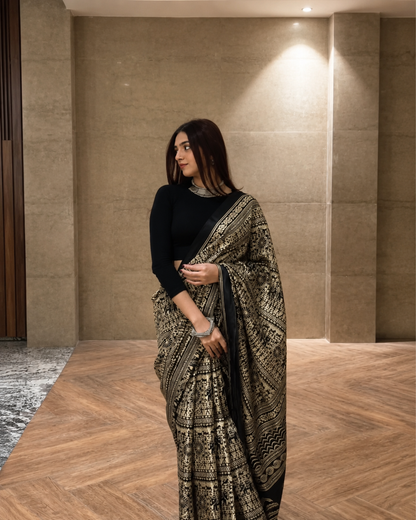Archna - Midnight Black Heritage Gold Saree