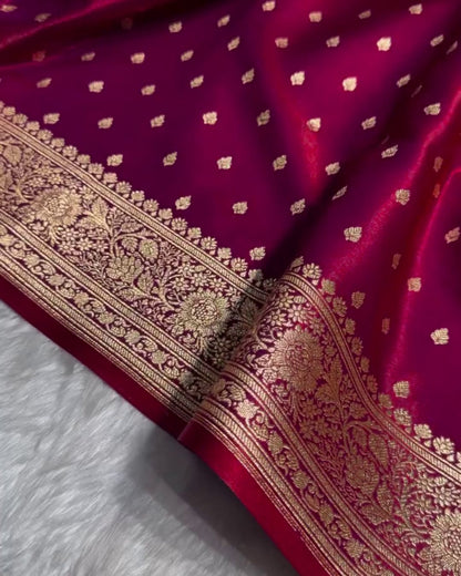 Panisa - Rani Pink Katan Silk Saree with Zari Boota and Floral Border