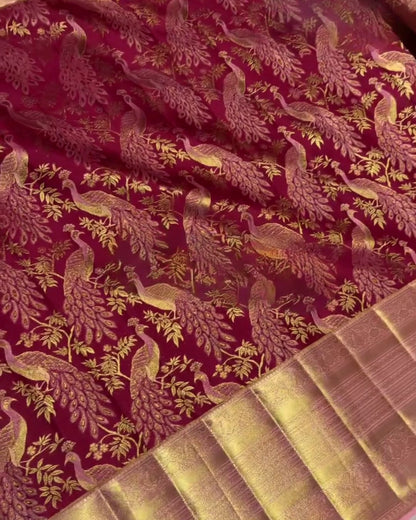Anitha - Maroon Kanchipuram Silk Saree with Zari Peacock Weave and Pink Border