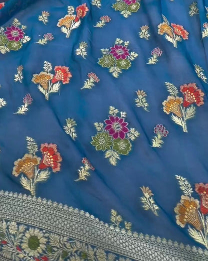 Priya - Teal Blue Banarasi Silk Saree with Floral Zari Border