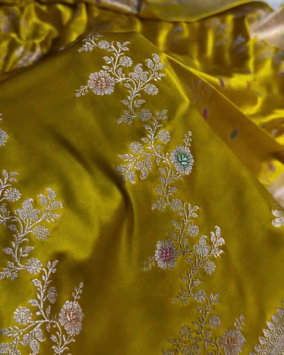 Kundini - Mustard Yellow Banarasi Silk Saree with Multicolor Floral Zari Jaal and Woven Border