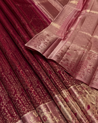 Pallavi - Wine Red Heritage Banarasi Silk Saree