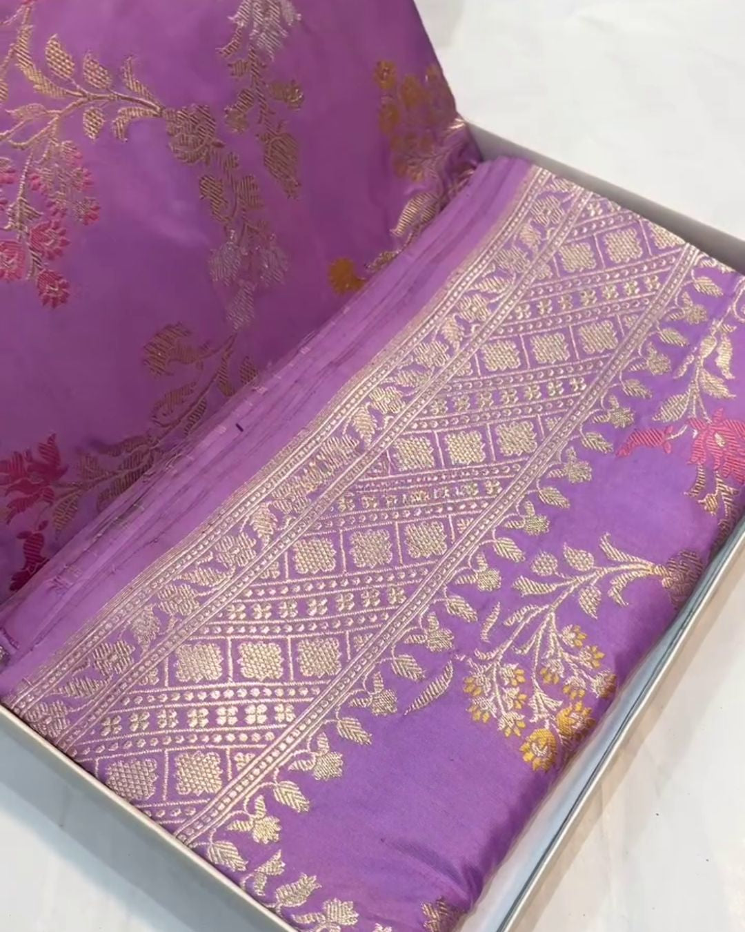 Yamini - Lavender Purple Banarasi Silk Saree with Floral Zari Work