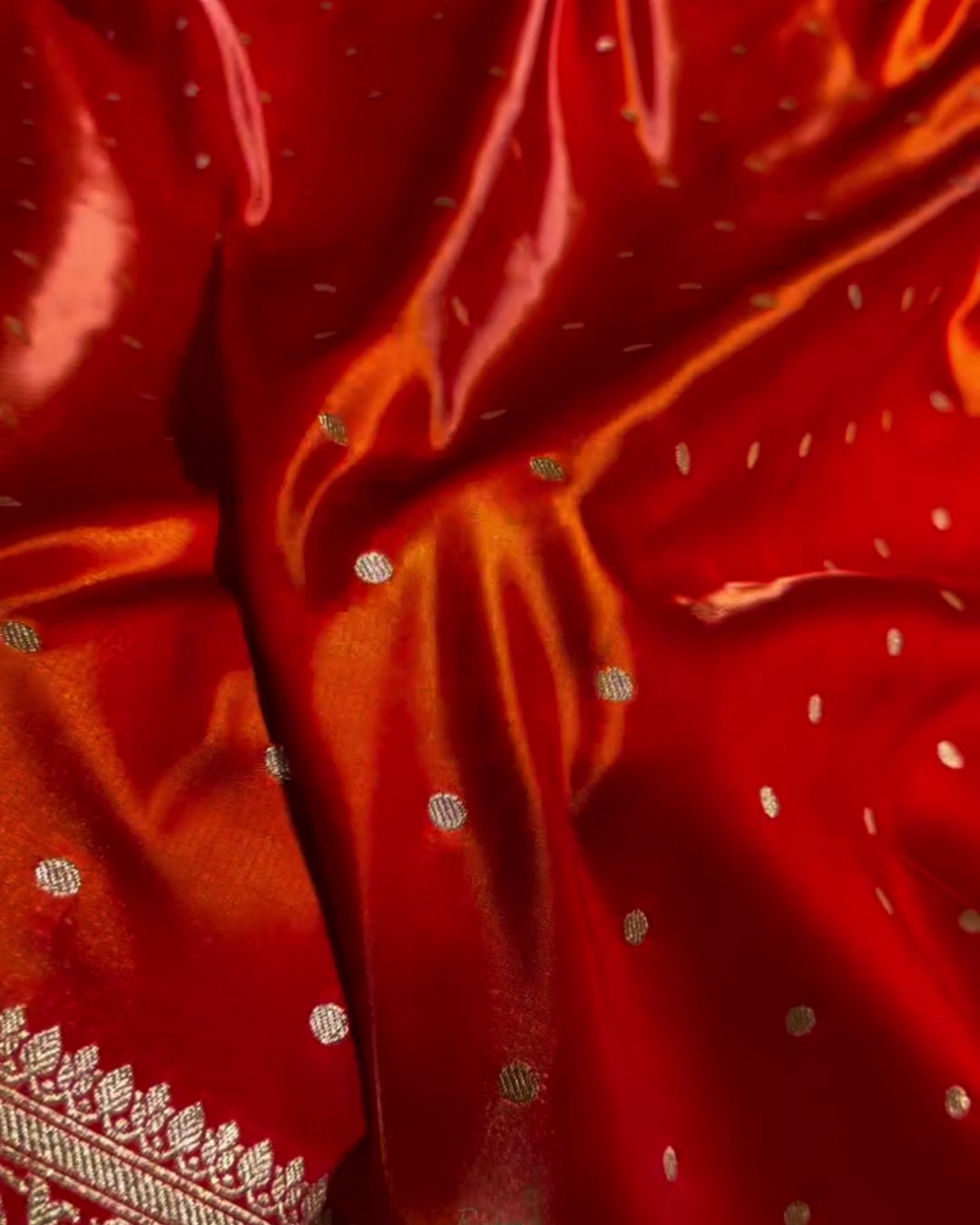 Ashwini - Red Satin Banarasi Saree with Zari Dot Weave & Floral Border