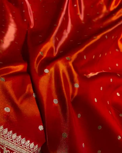 Ashwini - Red Satin Banarasi Saree with Zari Dot Weave & Floral Border