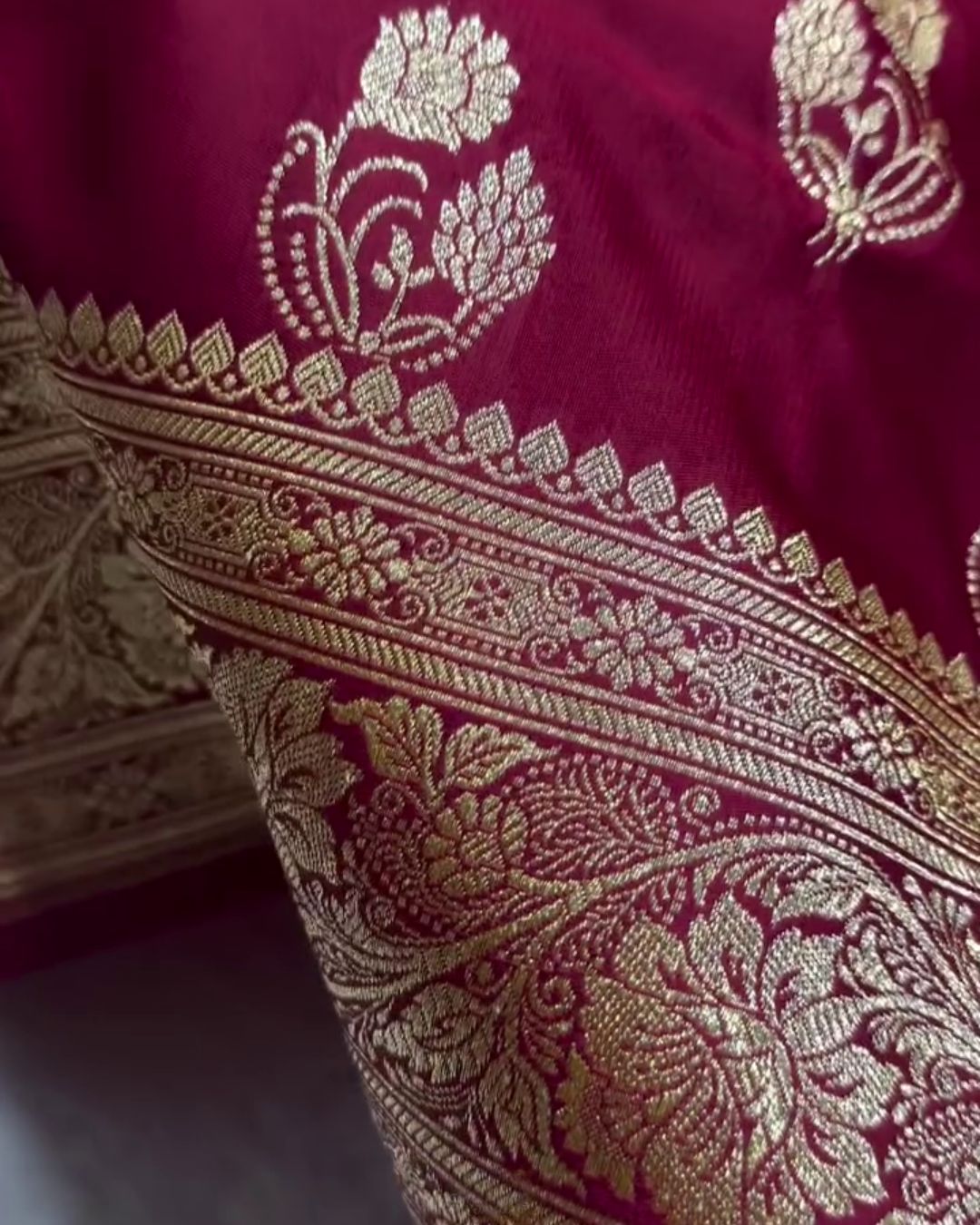 Shyamali - Deep Wine Katan Silk Saree with Zari Paisley Boota and Floral Border