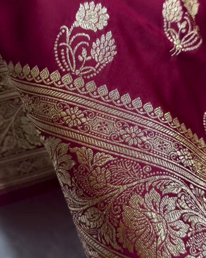 Shyamali - Deep Wine Katan Silk Saree with Zari Paisley Boota and Floral Border
