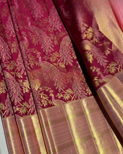 Anitha - Maroon Kanchipuram Silk Saree with Zari Peacock Weave and Pink Border