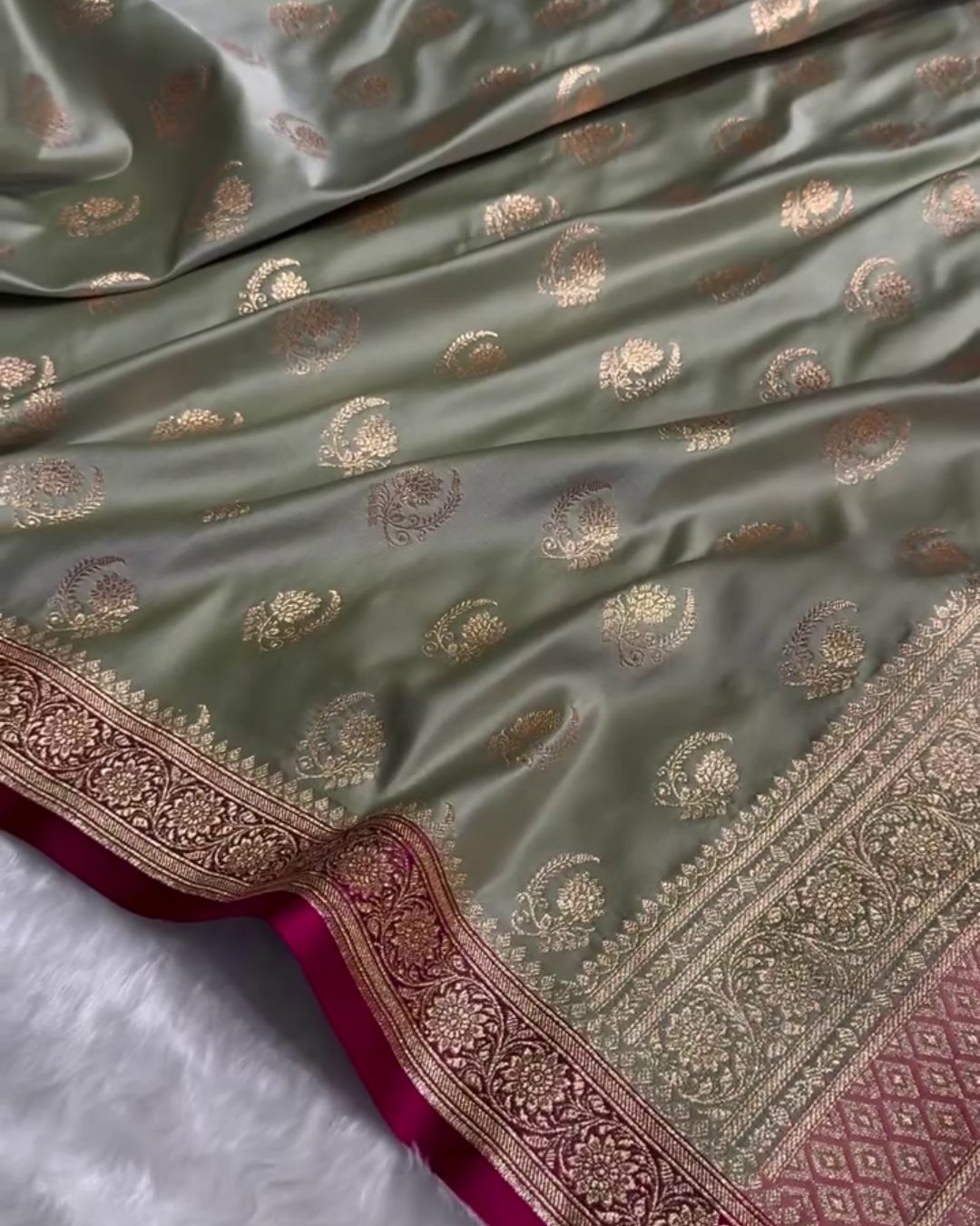 Charulata - Green Katan Silk Saree with Zari Boota and Pink Border