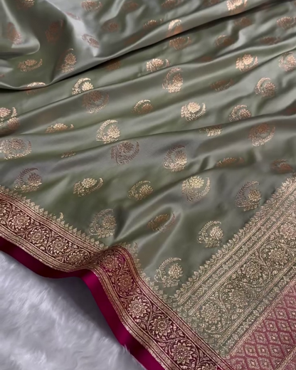 Charulata - Green Katan Silk Saree with Zari Boota and Pink Border
