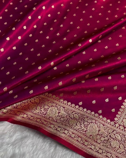 Panisa - Rani Pink Katan Silk Saree with Zari Boota and Floral Border