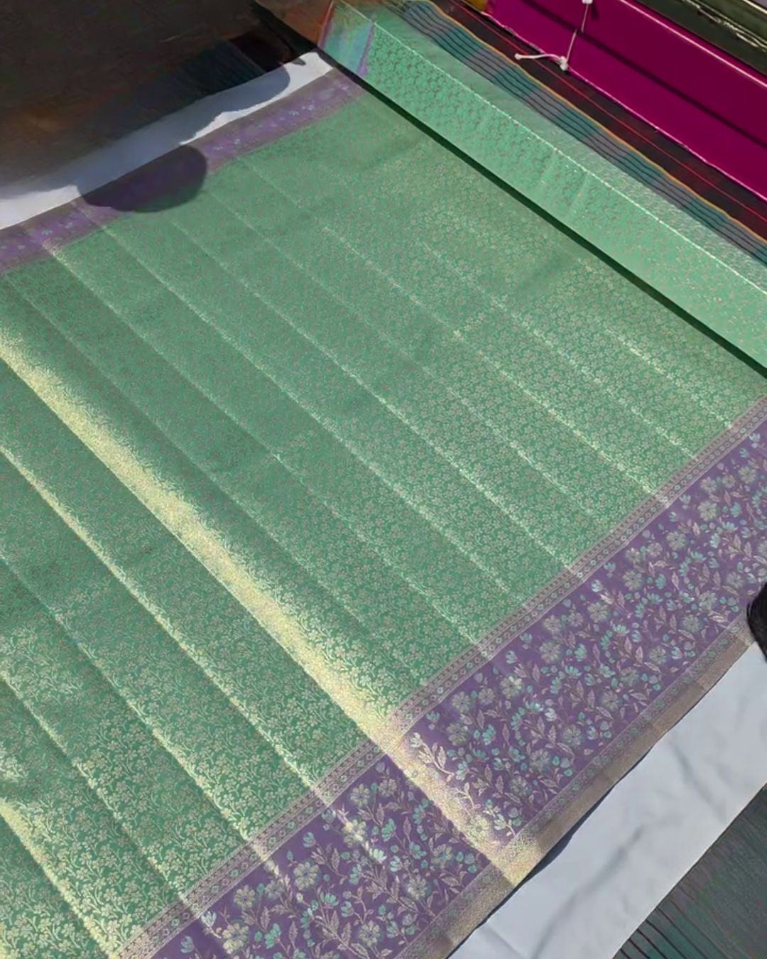 Kamini - Mint Green Banarasi Silk Saree with Floral Zari Border