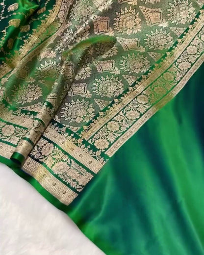 Asmita - Emerald Green Banarasi Silk Saree with Heavy Zari Jaal Border