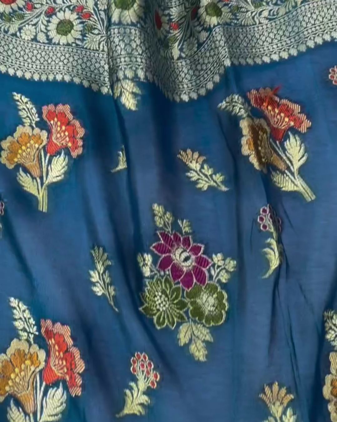 Priya - Teal Blue Banarasi Silk Saree with Floral Zari Border