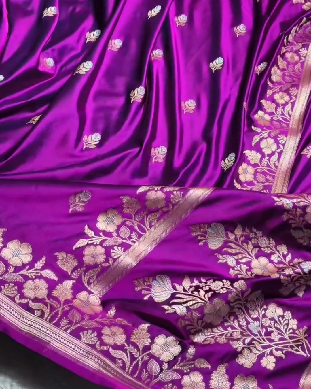Bhumi - Deep Purple Banarasi Silk Saree with Floral Zari Border
