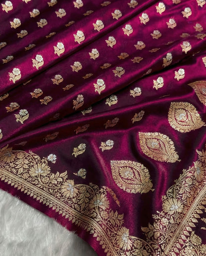 Vilina - banarasi satin silk meena boota saree in rich maroon shades