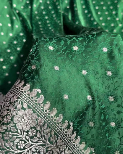 Arya - Emerald Green Katan Silk Saree with Silver Zari Butta and Floral Border