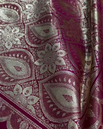 Mahika-Teal Banarasi Satin Saree with Zari Floral & Contrast Maroon Border