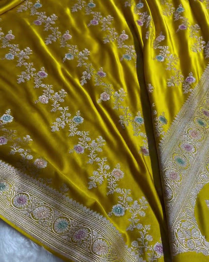 Kundini - Mustard Yellow Banarasi Silk Saree with Multicolor Floral Zari Jaal and Woven Border