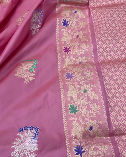 Dipali - Old Rose Pink Banarasi Silk Saree with Multicolour Zari Border