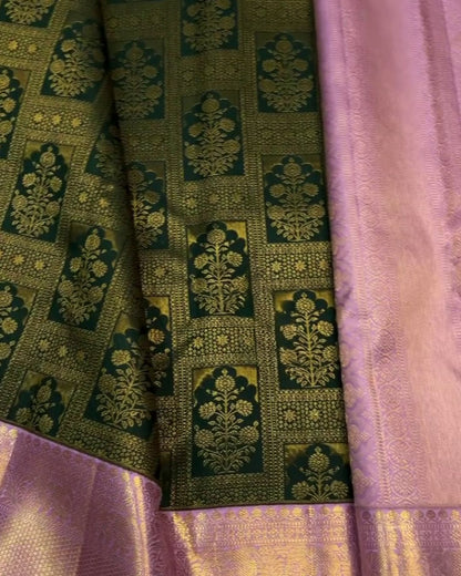 Suhasini - Dark Green Katan Silk Saree with Zari Floral Jaal and Pink Border