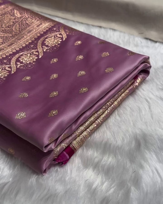 Anvaya-Soft Lavender Semi Katan Silk Saree with Zari Booti & Floral Border