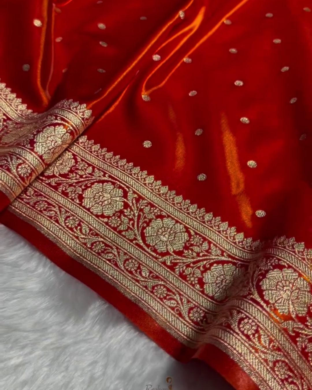 Ashwini - Red Satin Banarasi Saree with Zari Dot Weave & Floral Border