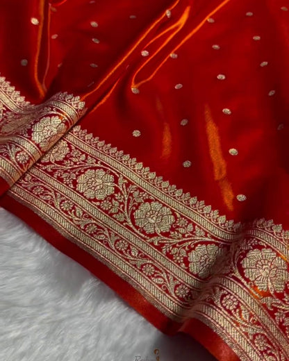 Ashwini - Red Satin Banarasi Saree with Zari Dot Weave & Floral Border