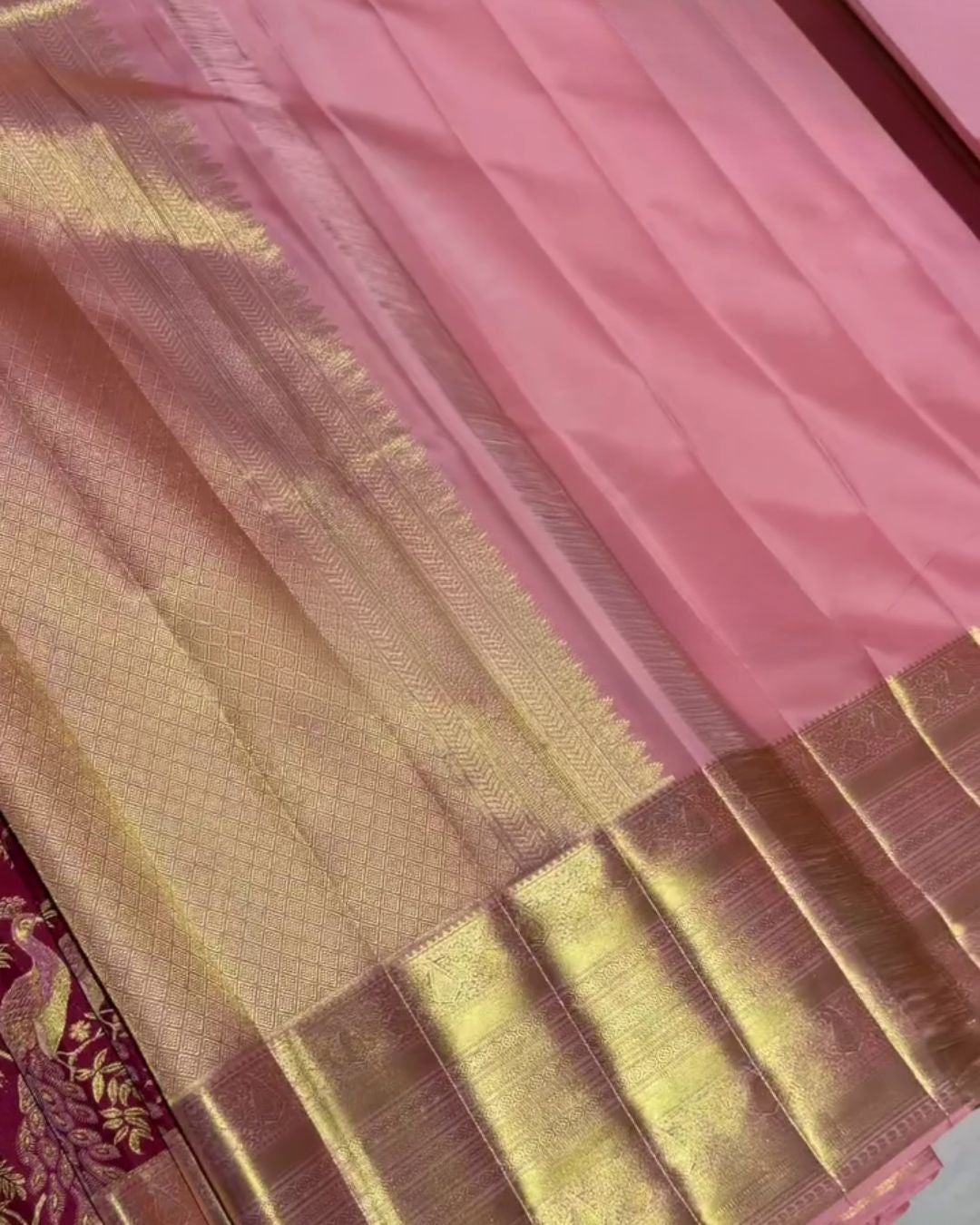 Anitha - Maroon Kanchipuram Silk Saree with Zari Peacock Weave and Pink Border