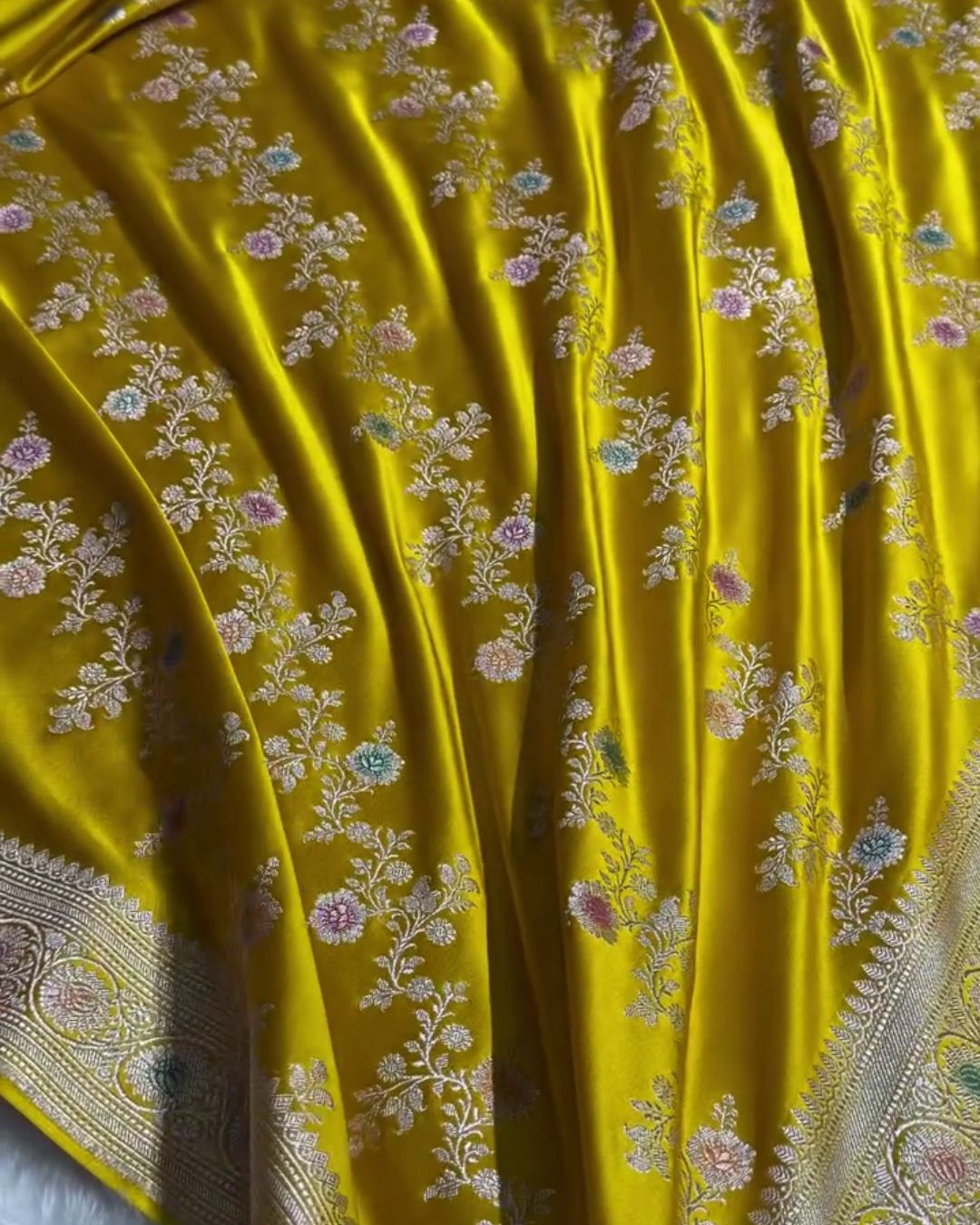 Kundini - Mustard Yellow Banarasi Silk Saree with Multicolor Floral Zari Jaal and Woven Border