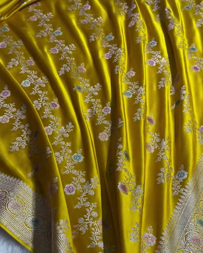 Kundini - Mustard Yellow Banarasi Silk Saree with Multicolor Floral Zari Jaal and Woven Border