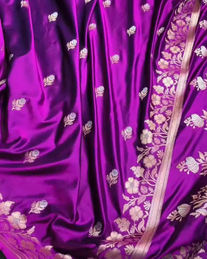 Bhumi - Deep Purple Banarasi Silk Saree with Floral Zari Border