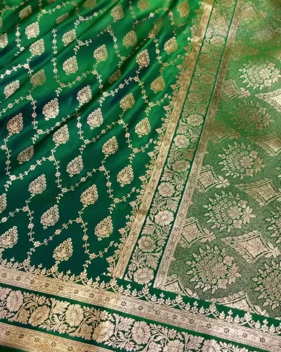 Asmita - Emerald Green Banarasi Silk Saree with Heavy Zari Jaal Border