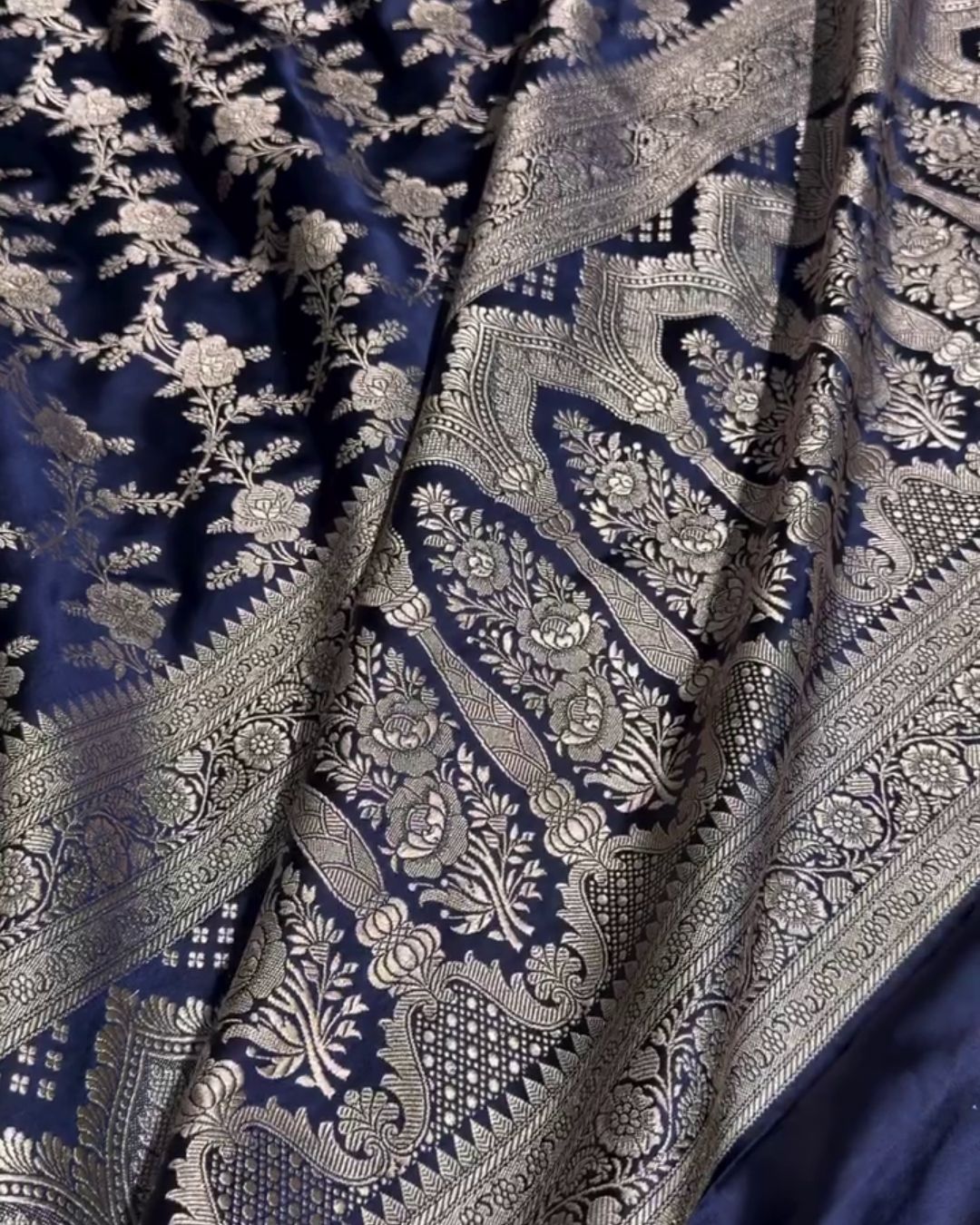 Pratiksha - Navy Blue Katan Silk Saree with Silver Zari Jaal and Temple Border