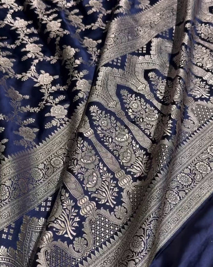 Pratiksha - Navy Blue Katan Silk Saree with Silver Zari Jaal and Temple Border