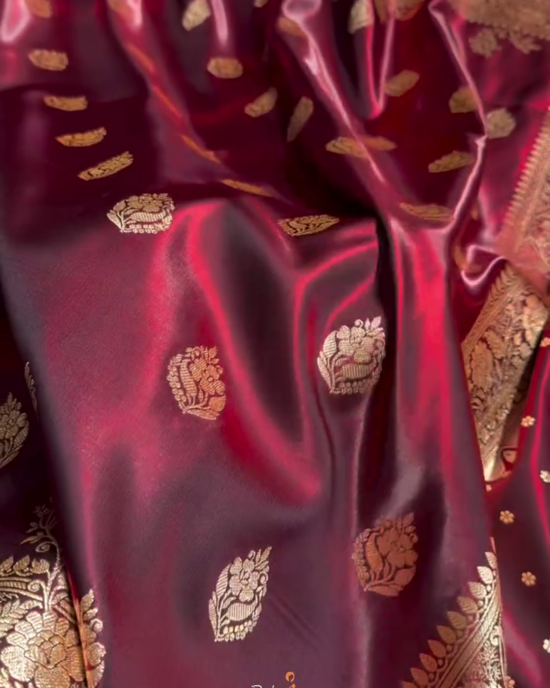 Kaushalya - Maroon Banarasi Satin Saree with Golden Zari Floral Weaving