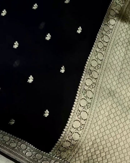 Ojaswini - Black Banarasi Silk Saree with Silver Zari Border