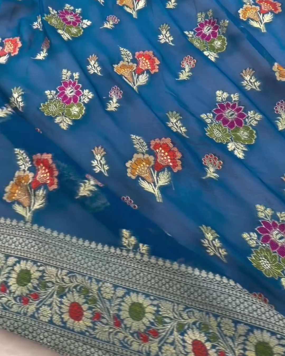 Priya - Teal Blue Banarasi Silk Saree with Floral Zari Border