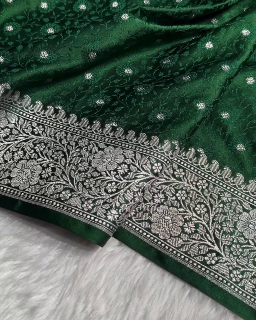 Arya - Emerald Green Katan Silk Saree with Silver Zari Butta and Floral Border