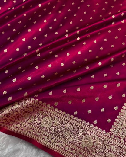 Panisa - Rani Pink Katan Silk Saree with Zari Boota and Floral Border